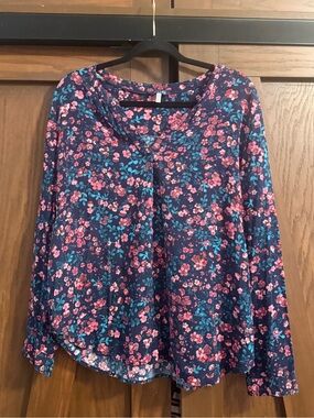 Joules Navy Ditsy Floral Viscose Blouse US SZ 12 Pink Teal V-Neck Long Sleeve